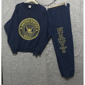 US NAVY Sweat Track Suit Mens Sz M / L Blue Logo Patriot Made in USA - SIZE NOTE